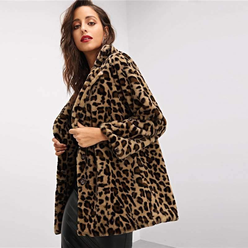 Leopard print Plush Lapel Long sleeve Coats