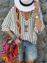 Fashion Stripe V neck Loose T-Shirts