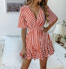 Fashionable Printed Stripe Lace Short Sleeve Skater Dresses