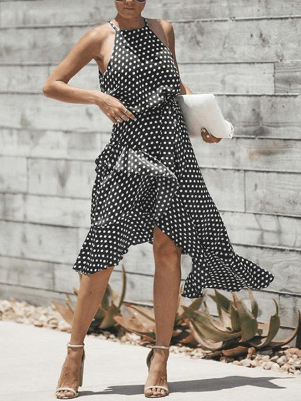 Fashion wave point lace-up irregular slim skater dress