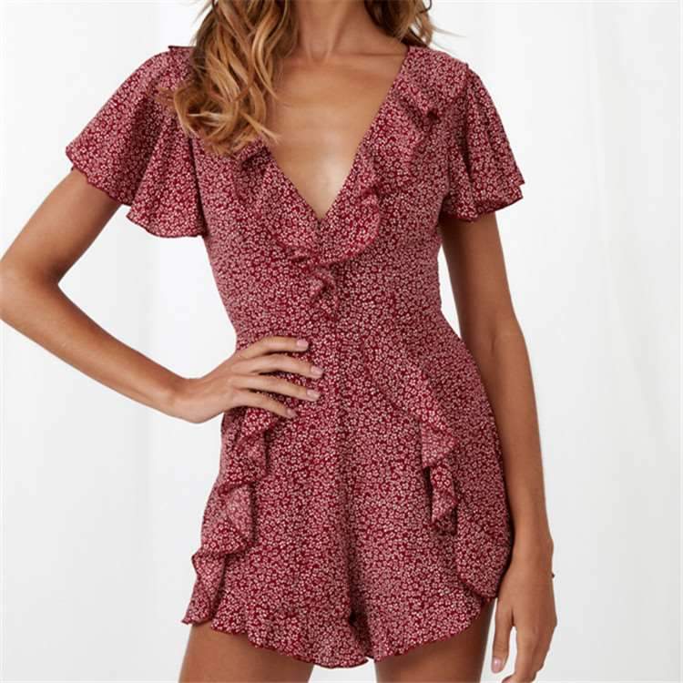 Fashion V neck Print Short sleeve Jumpsuits