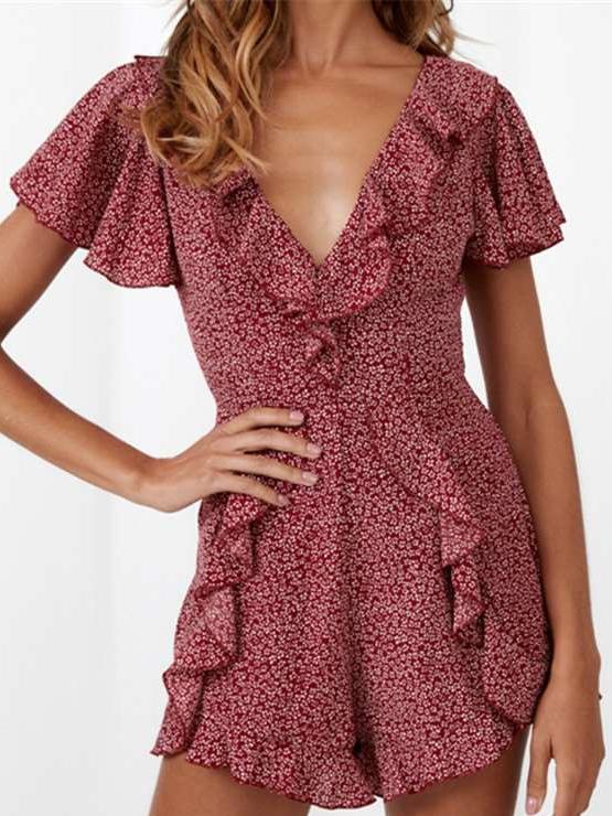 Fashion V neck Print Short sleeve Jumpsuits