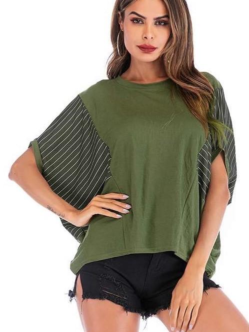 Stripe Gored Round neck Loose T-Shirts