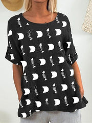 Fishbone printed  cotton and linen blend casual T-shirt for women