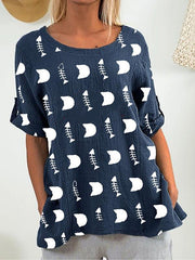Fishbone printed  cotton and linen blend casual T-shirt for women
