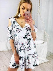 V Neck Floral Printed Long Sleeve Casual Dresses