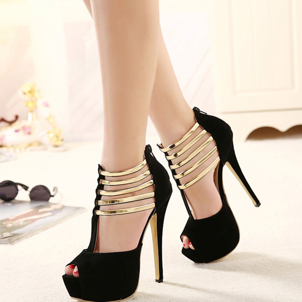 Hollow Out Color Block Sandals Peep Toe Stiletto Heels Pumps