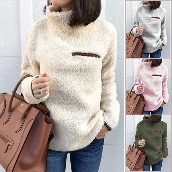 High Collar Zip Plain Tops Sweatshirts