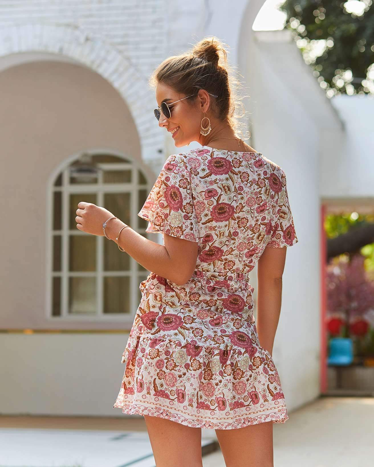 Fashion Sexy Print V neck Short sleeve Lacing Skater Dresses