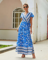 Fashion Sexy Print V neck Lacing Maxi Dresses