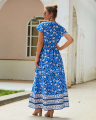 Fashion Sexy Print V neck Lacing Maxi Dresses