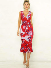 Fashion Sexy Print V neck Vest Falbala Bodycon Dresses