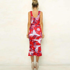 Fashion Sexy Print V neck Vest Falbala Bodycon Dresses