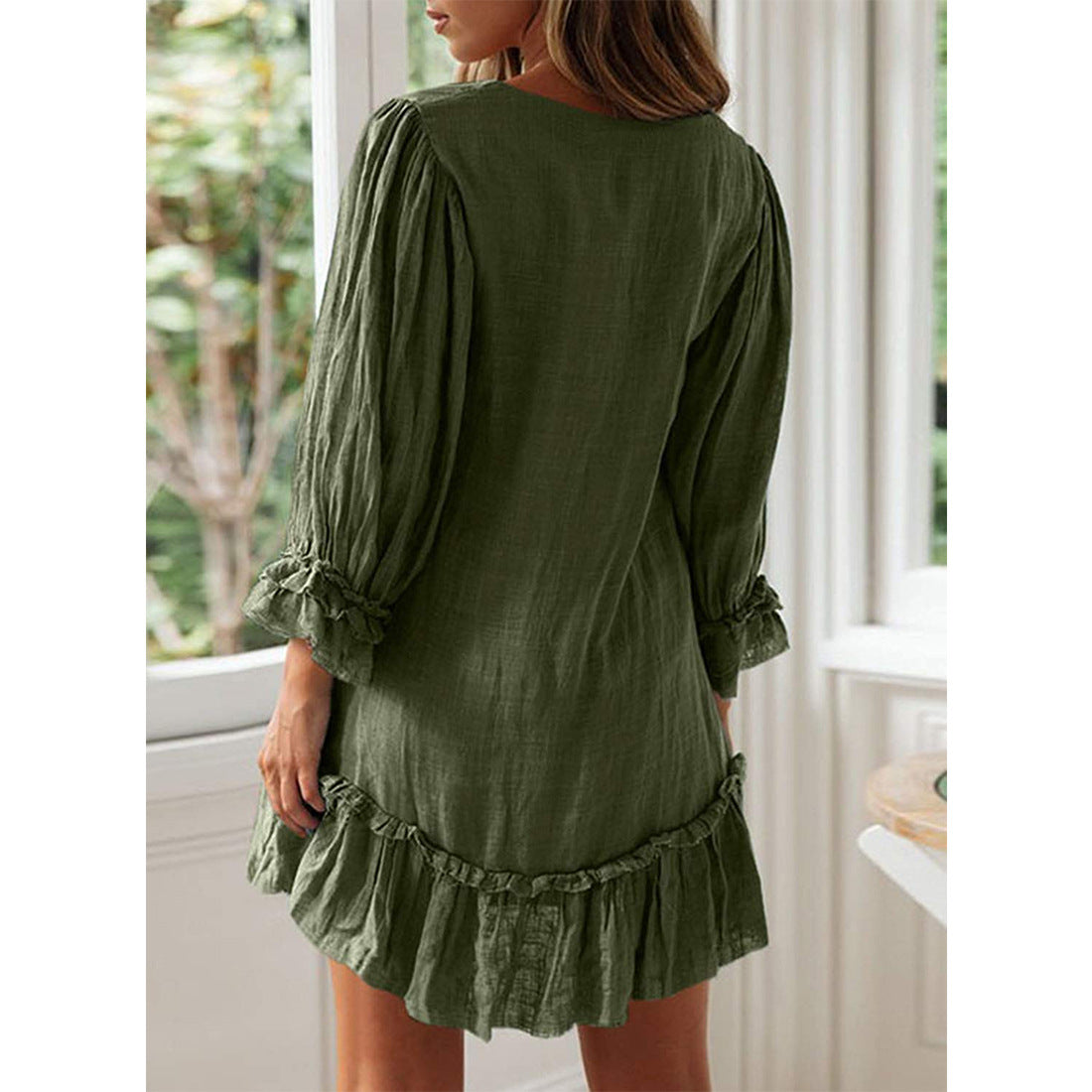 V neck button design women long sleeve skater dresses