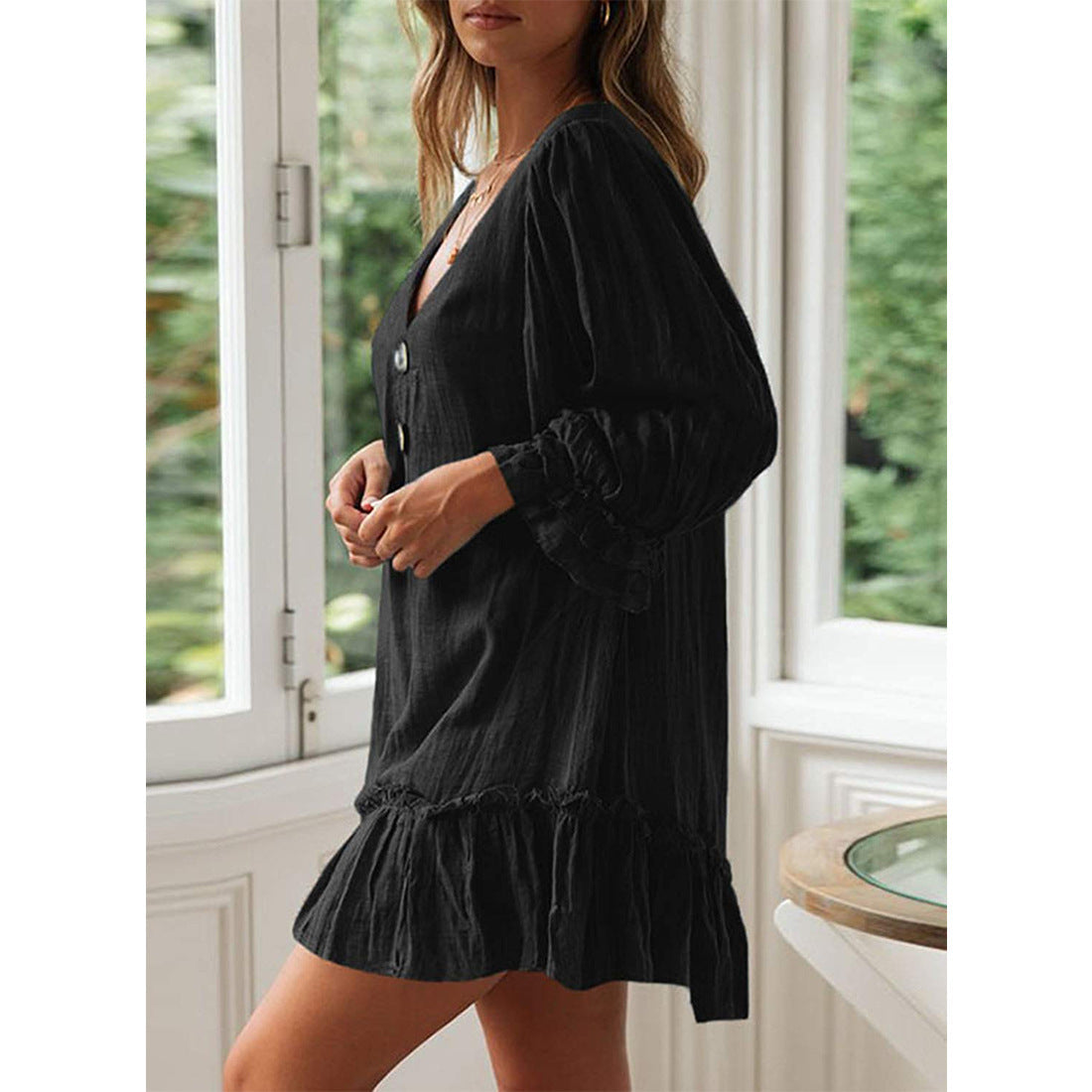 V neck button design women long sleeve skater dresses