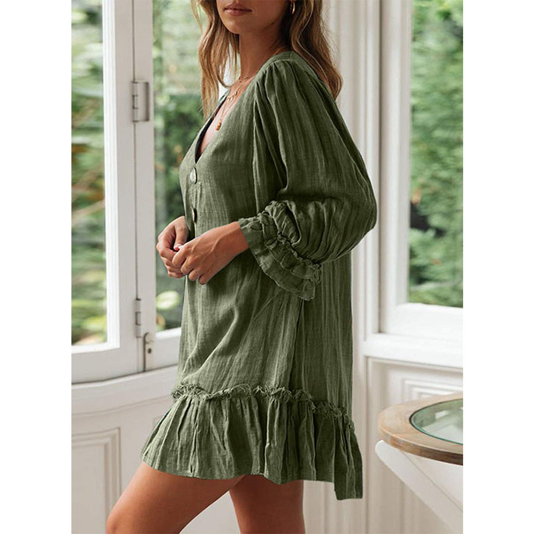 V neck button design women long sleeve skater dresses