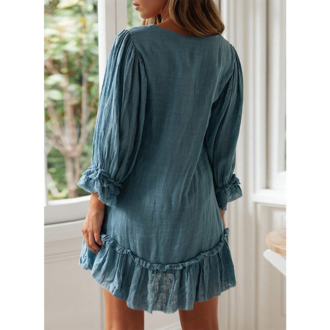 V neck button design women long sleeve skater dresses