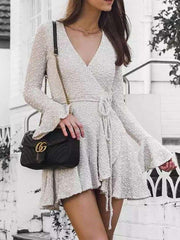 Fashion V neck Long sleeve Lacing Skater Dresses