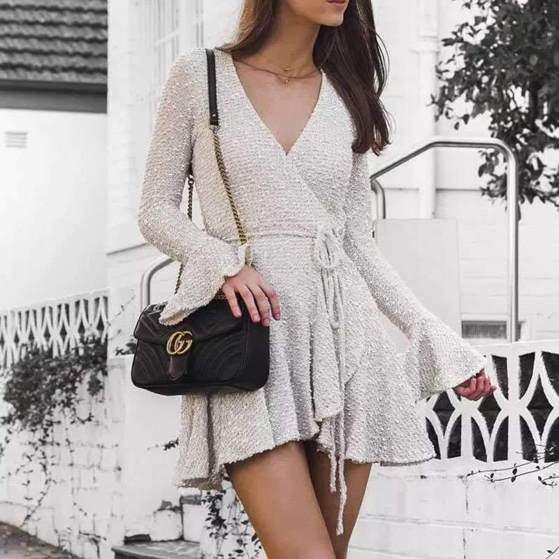 Fashion V neck Long sleeve Lacing Skater Dresses