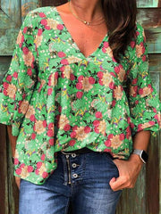 V Neck Floral Printed Casual Women Blouses