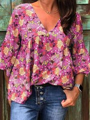 V Neck Floral Printed Casual Women Blouses