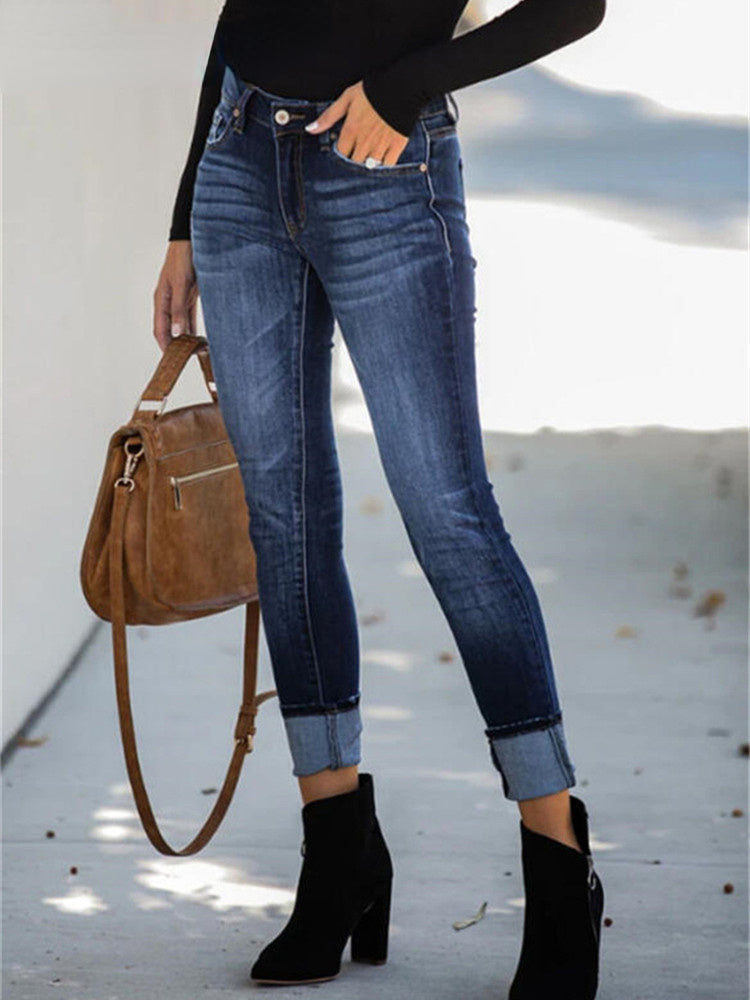 High Waist Stretch Skinny Denim Blue Retro Washed Elastic Slim Pencil Pants