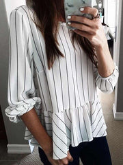 Fashion Stripe Falbala Long sleeve Blouses