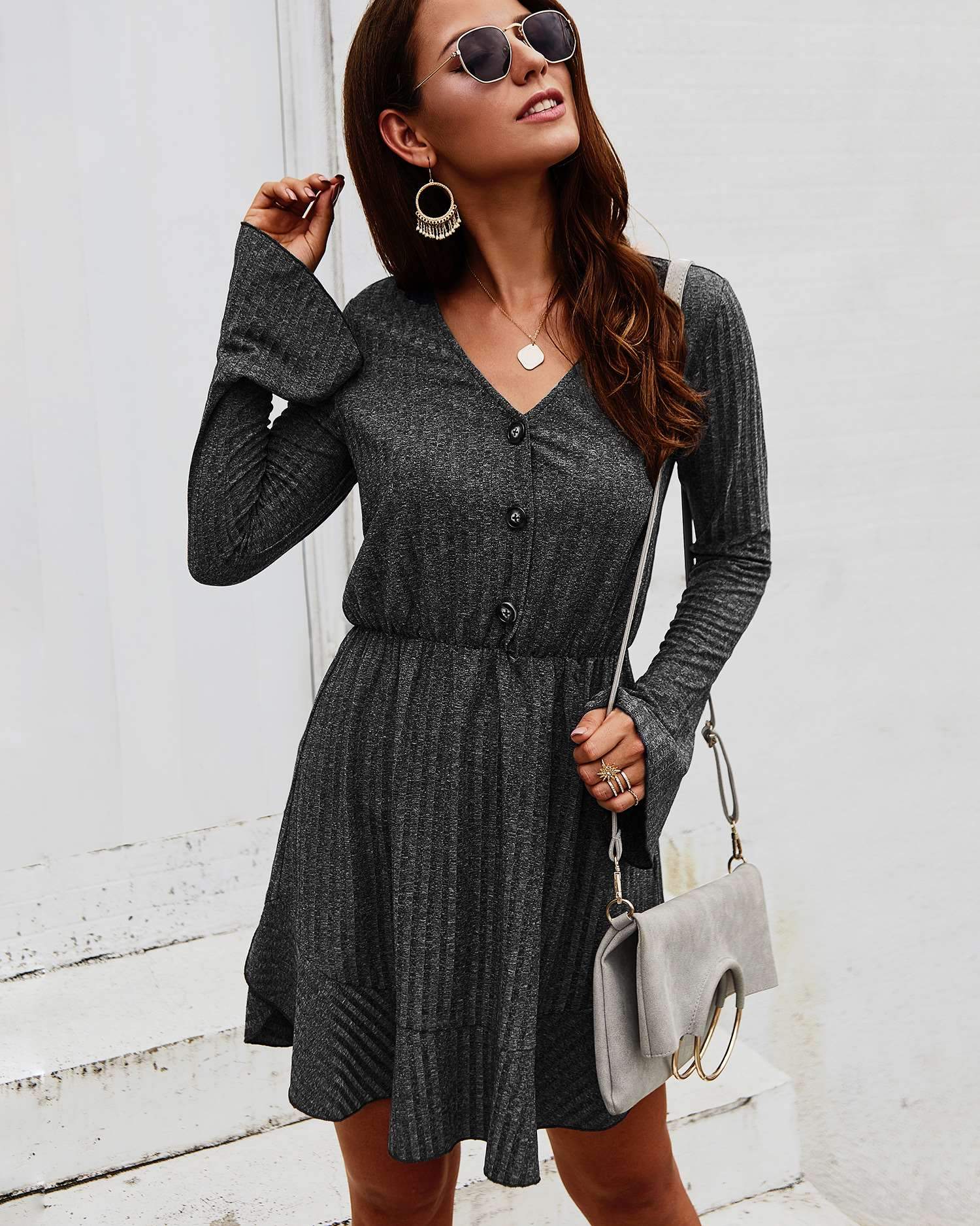 Fashion V neck Falbala Long sleeve Skater Dresses