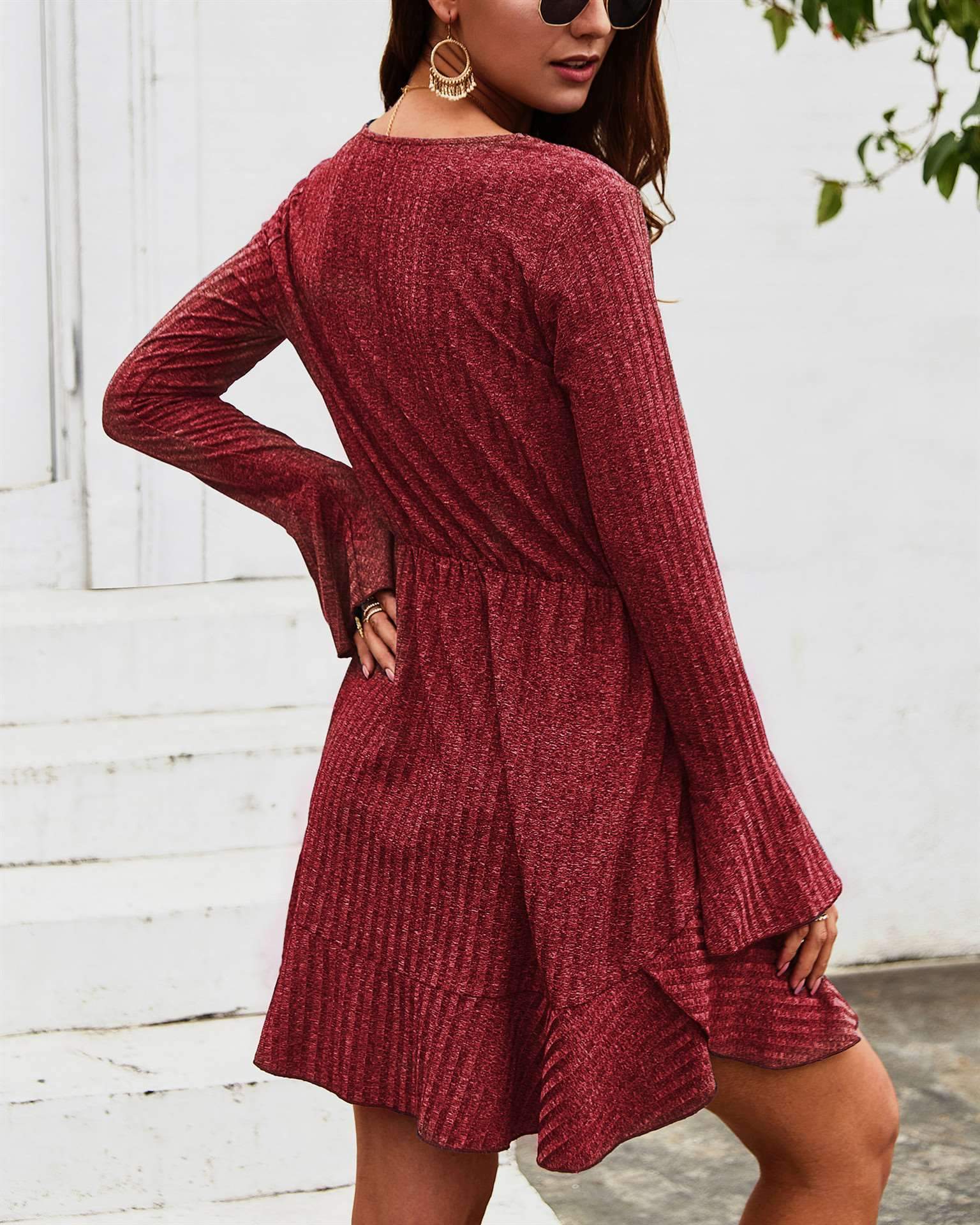 Fashion V neck Falbala Long sleeve Skater Dresses