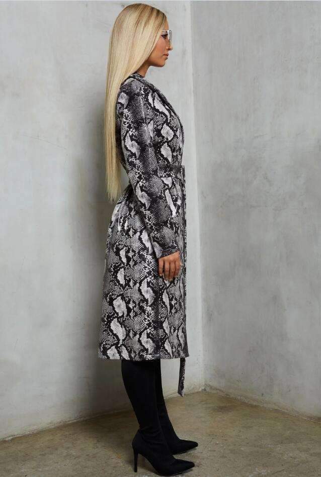 Fashion Serpentine printing Lapel Belt Coats