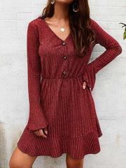 Fashion V neck Falbala Long sleeve Skater Dresses