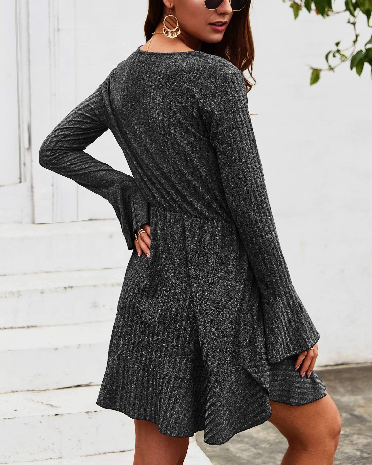 Fashion V neck Falbala Long sleeve Skater Dresses