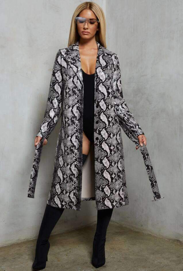 Fashion Serpentine printing Lapel Belt Coats