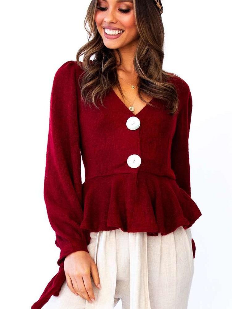 Fashion V neck Falbala Lacing Blouses