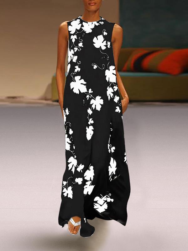 Stylish Round Neck Sleeveless Printed Long Maxi Dresses For Women