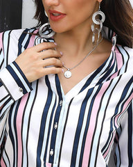 Fashion Stripe V neck Long sleeve Blouses