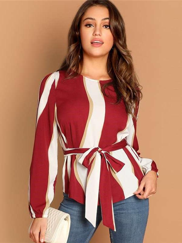 Stripe Round neck Long sleeve Lacing Blouses