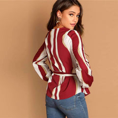 Stripe Round neck Long sleeve Lacing Blouses