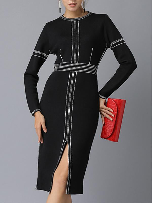 Long Sleeve Woman Black Sexy Knit Bodycon Dress