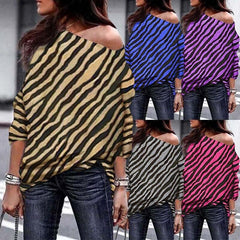 Fashion Sexy Off Shoulder Zebra Printed Long Sleeve T-shirts
