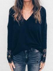 V Neck Lace Sleeve Plain Long Sleeve Woman Daily T-shirt