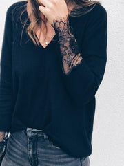 V Neck Lace Sleeve Plain Long Sleeve Woman Daily T-shirt