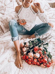 Lace strapless halter Off shoulder long sleeve blouses