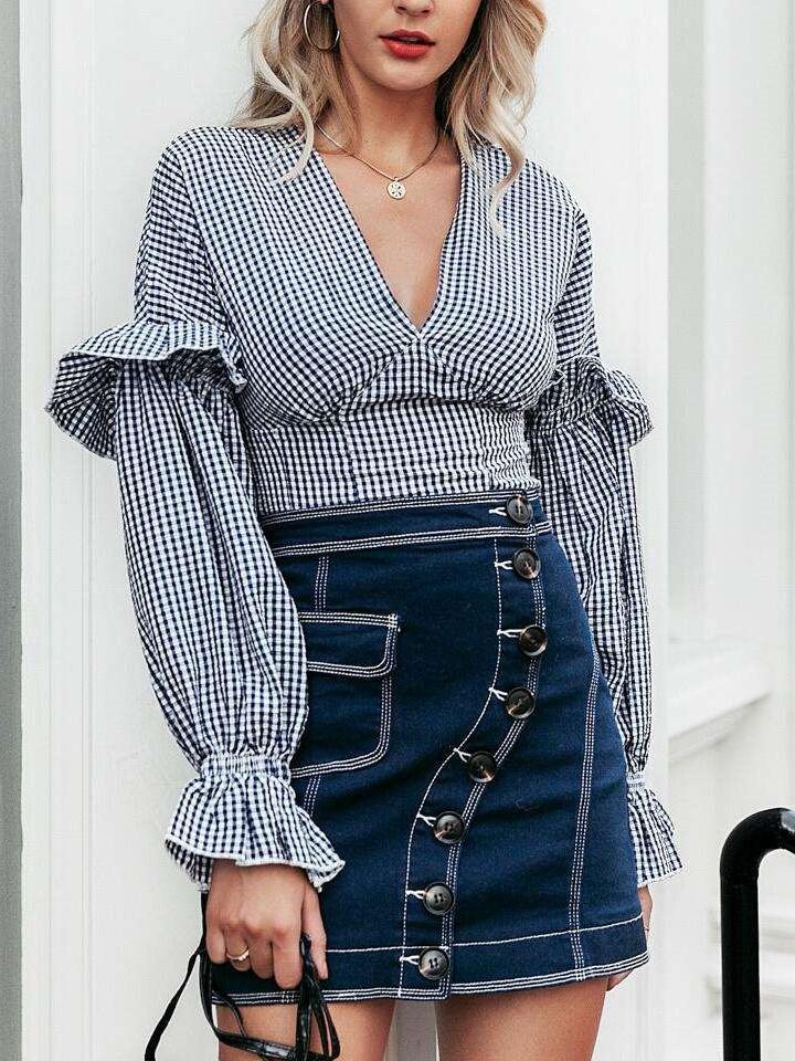 Fashion V neck Plaid Falbala Longt sleeve Blouses