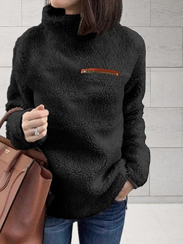 High Collar Zip Plain Tops Sweatshirts