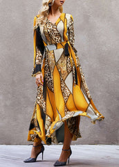 Stylish Print V neck Long sleeve Lacing Skater Maxi Dresses