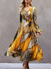 Stylish Print V neck Long sleeve Lacing Skater Maxi Dresses