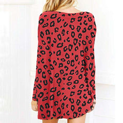 Leopard print Long sleeve Round neck Knit Shift Dresses
