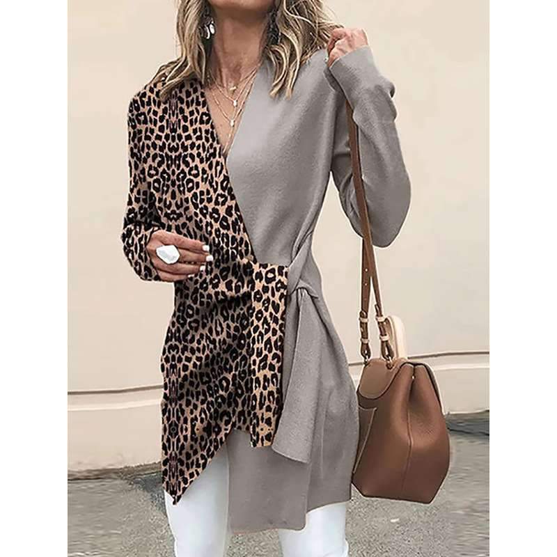 Leopard print V neck Gored Long sleeve Lacing Coats