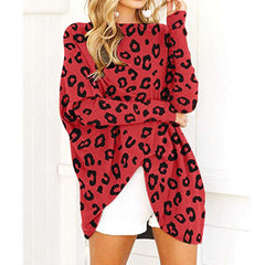 Leopard print Long sleeve Round neck Knit Shift Dresses